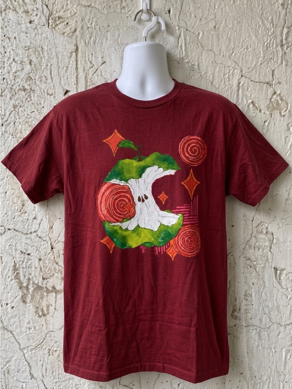 Gildan Maroon Short-Sleeve Tee with Green & White Apple Core Graphic